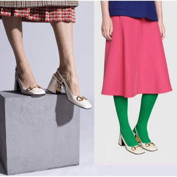 Gucci GG Slingback Horsebit Pumps Chunk Heel Mystic White Leather EU 39.5 US 9.5 - Picture 2 of 9